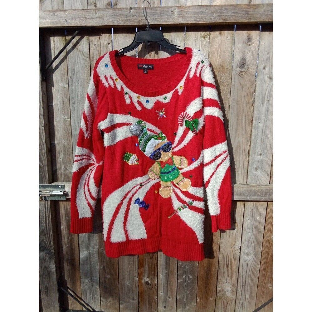 283 Ugly Christmas Sweater Gingerbread Man by 33 degrees Large Sequins Gems